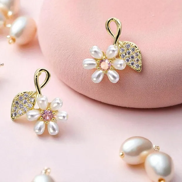 Authentic Flower Gold Plated Faux Pearl & Cubic Zirconia Stud Earrings