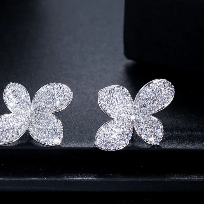Authentic Rose Gold Plated Flower Leaf Stud Earrings Women Wedding Cubic Zirconia Jewelry