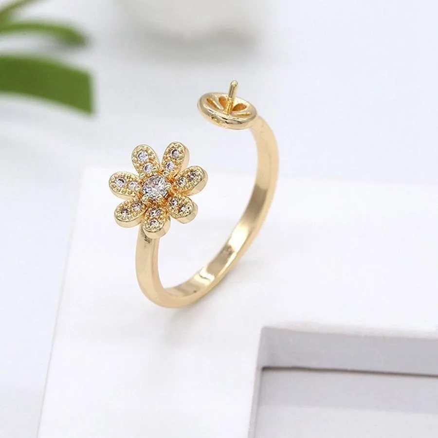Authentic 2Pieces 18K Gold Plated Ring Base Setting, Cubic Zirconia Micro Pave Flower Rin