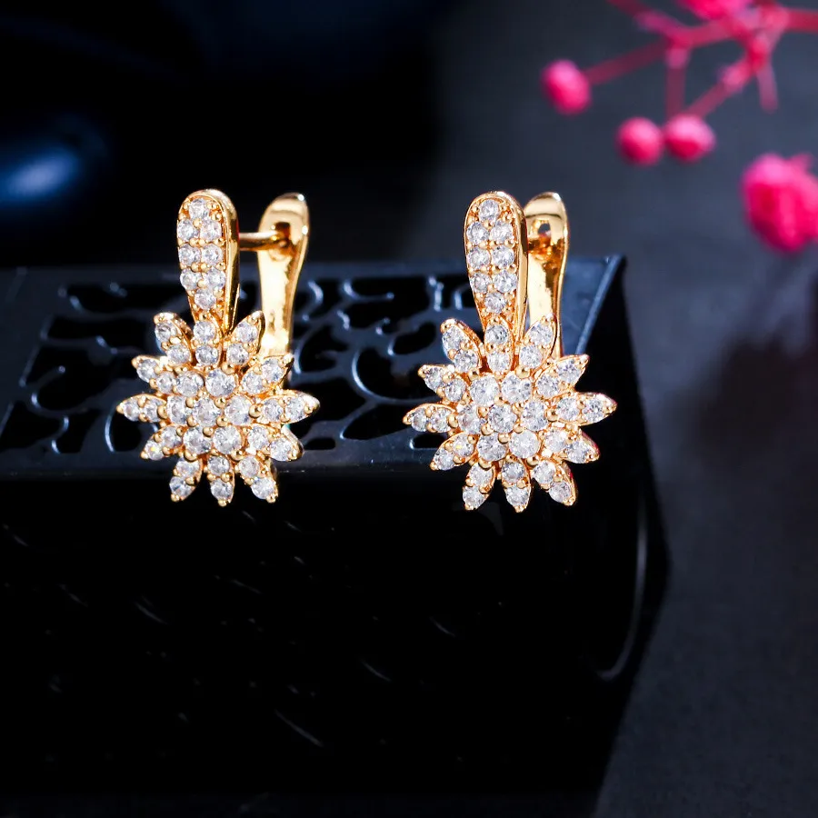 Authentic Dubai Yellow Gold Plated Cubic Zirconia Flower Round Tennis Tiny Hoop Earrings 