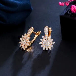 Authentic Shining Cubic Zircon Gold Plated Flower Earrings Stud Huggie Hoop Bridal Jewelry