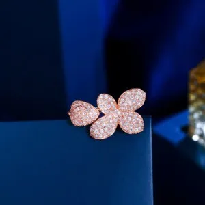 Authentic Rose Gold Plated Flower Open Cuff Ring Women Cubic Zirconia Wedding Jewelry Gift