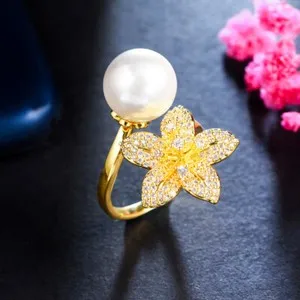 Authentic Fashion Silver Plated Cubic Zirconia Lily Flower Adjustable Pearl Ring for Women