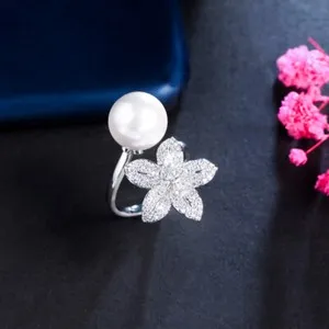Authentic Blossoming Luck: Gold Plated Flower Cubic Zirconia Pearl Adjustable Ring