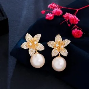 Authentic Bloom with Radiant Fortune: Pearl Drop CZ Flower Earrings for the Enchanted Bride