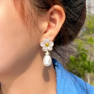 Authentic Gold Plated Pearl Drop Cubic Zirconia Flower Earrings Women Wedding Jewelry Gift