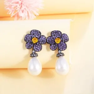 Authentic Black Gold Plated Cubic Zircon Purple Flower Pearl Dangle Drop Earring for Women