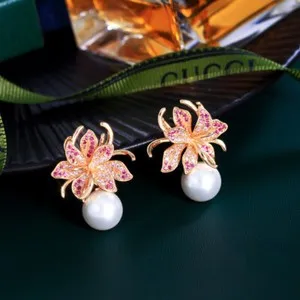 Authentic Exquisite Gold Plated 3D Flower Pearl Drop Earrings Cubic Zirconia Women Jewelry
