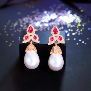 Authentic Gold Plated Rose Red Cubic Zircon Flower Long Pearl Drop Earrings for Women Gift
