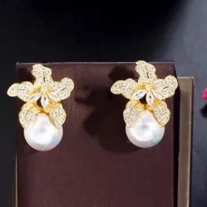 Authentic Gold Plated Flower Cubic Zirconia Big Round Pearl Stud Earrings for Women Bridal