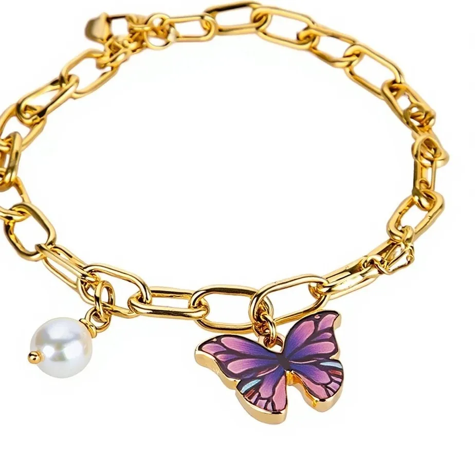 Authentic Gold Plated Butterfly Bracelet, Purple Charm & Real Pearl Accent, Dainty Gift