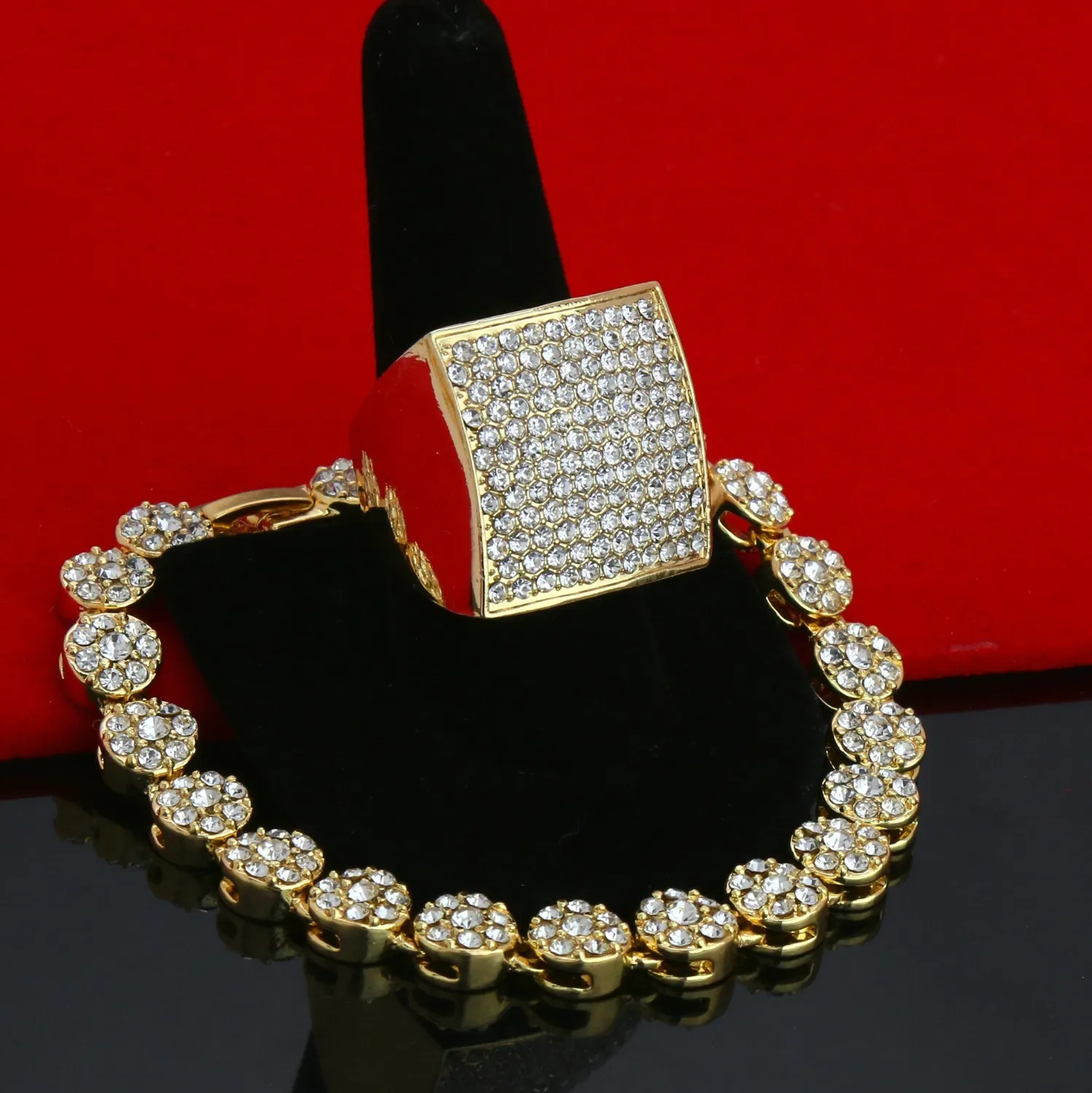 Authentic Men's Gold Plated Iced Cubic-Zirconia Hip-Hop Round Flower Bracelet huge Ring