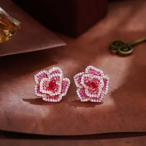 Authentic Blossoming Love and Harmony - Enchanted Rose Gold Plated Flower Stud Earrings