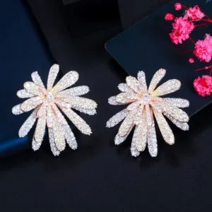 Authentic Celestial Bloom: Multi-Tone Gold Plated Cubic Zircon Firework Flower Stud Earrings