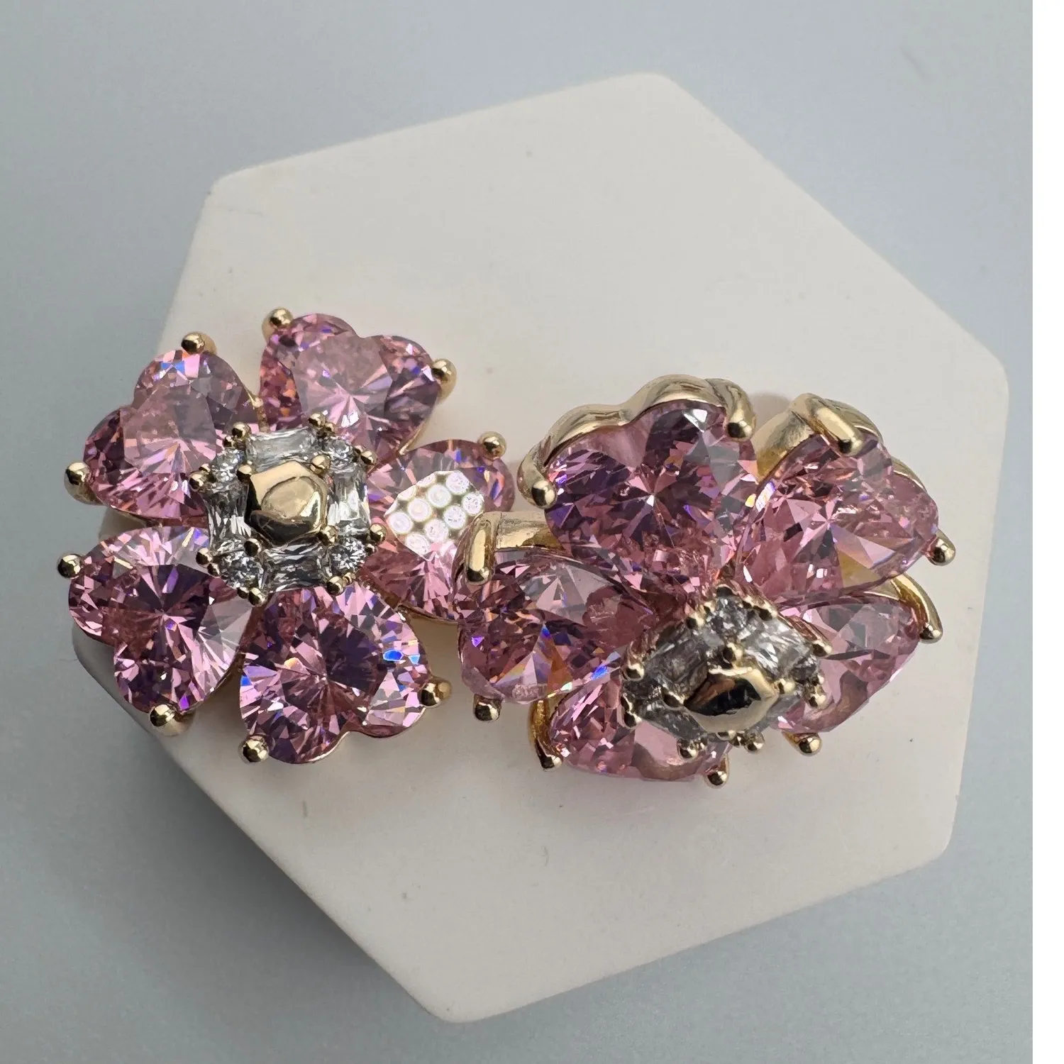 Authentic Pink Heart Petal Flower Stud Earrings 14K Gold Plated Cubic Zirconia Blossom