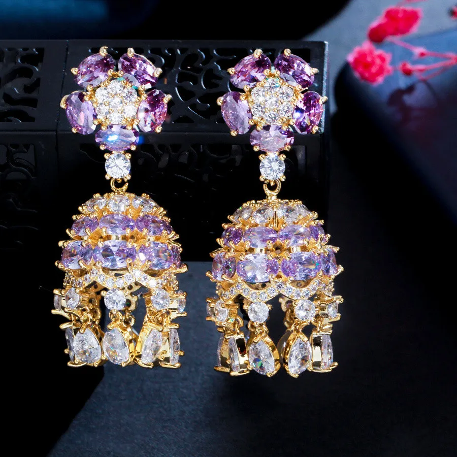 Authentic Ladies Gold Plated Purple Cubic Zirconia Flower Bell Tassel Dangle Drop Earrings