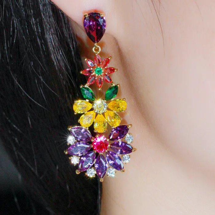 Authentic Gilded Blossom Cascades: Radiant Gold-Plated CZ Drop Earrings