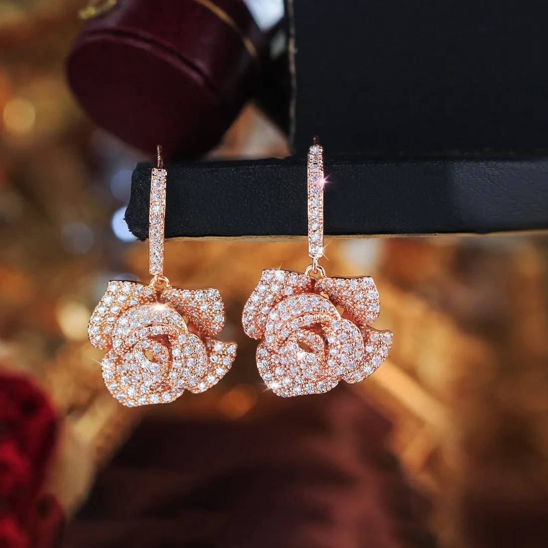 Authentic Ethereal Bloom Silver And Crystalline Rose Dangle Earrings