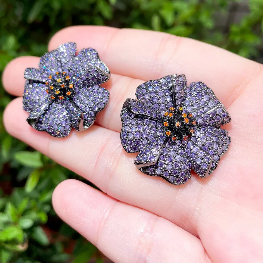 Authentic Purple Cubic Zirconia Flower Big Stud Earrings Black Gold Plated Wedding Jewelry