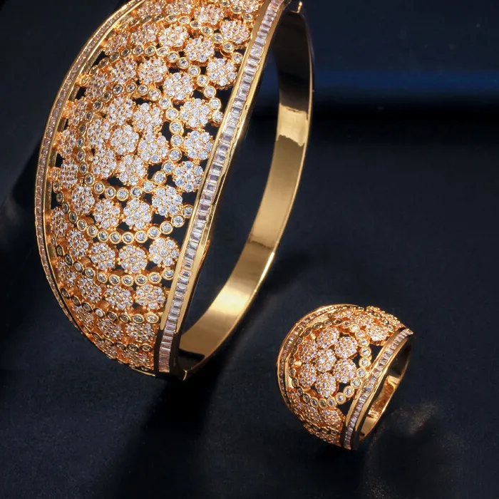 Authentic Yellow Gold Plated Flower Cubic Zirconia Big Bangle Ring Jewelry Set for Wedding