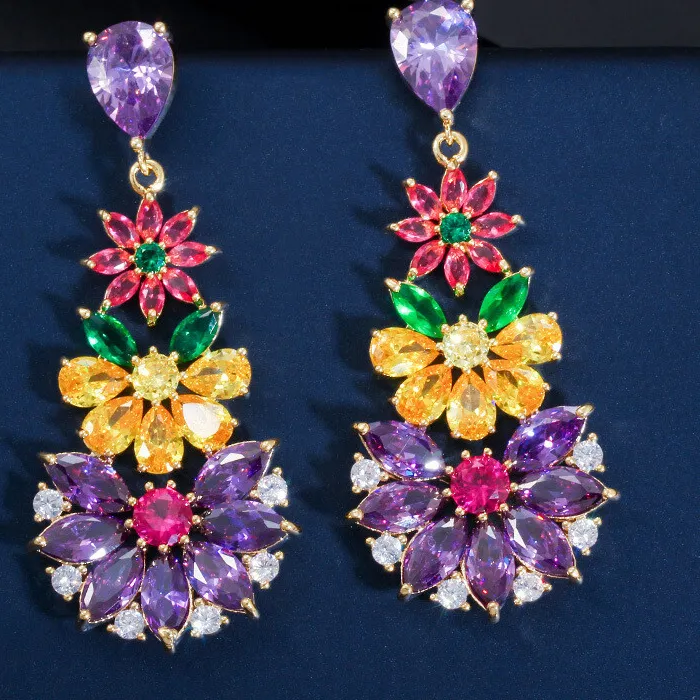 Authentic Gorgeous Multicolor Cubic Zirconia Flower Earrings Dangle Drop Gold Plated Women