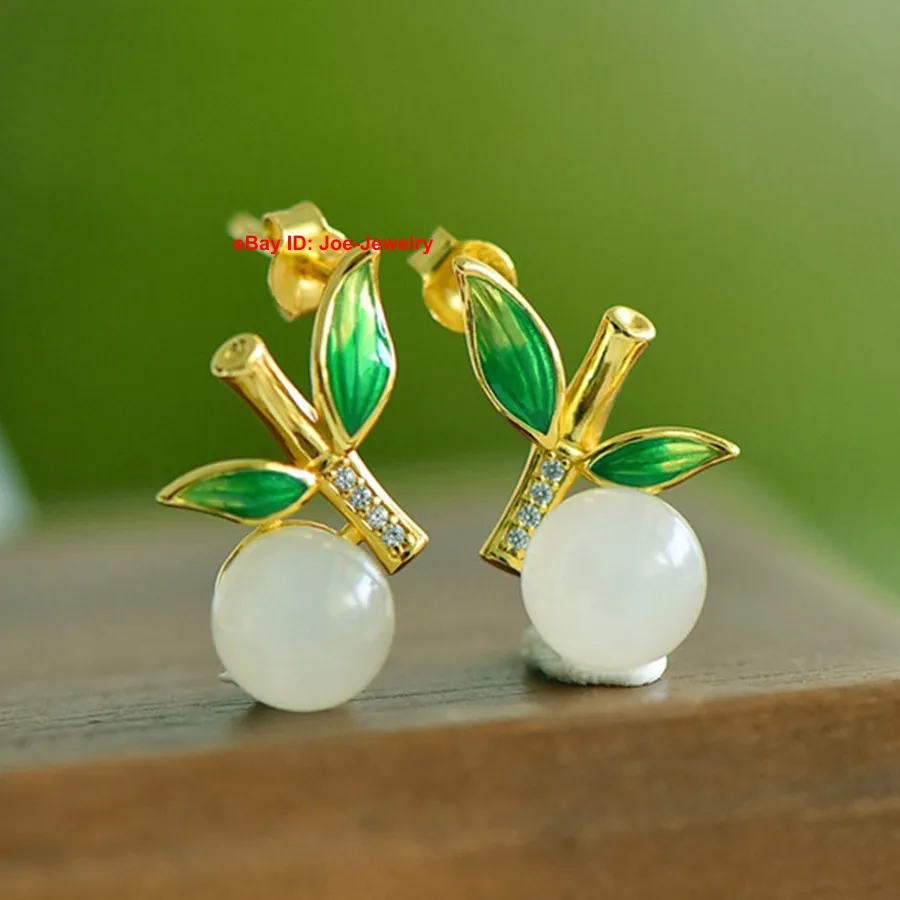 Authentic Bamboo Serenity: Sterling Silver & Jade Ear Studs