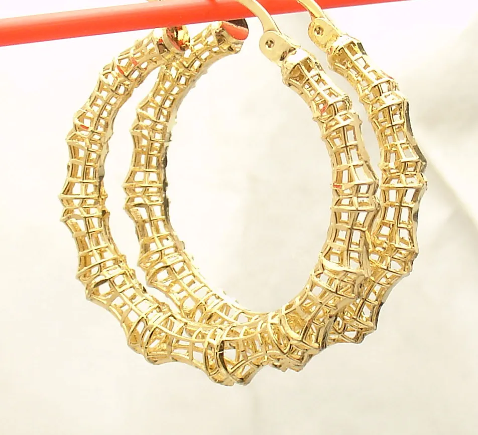 Authentic 1.25" Technibond Filigree Bamboo Hoop Earrings 14K Yellow Gold Plated Silver