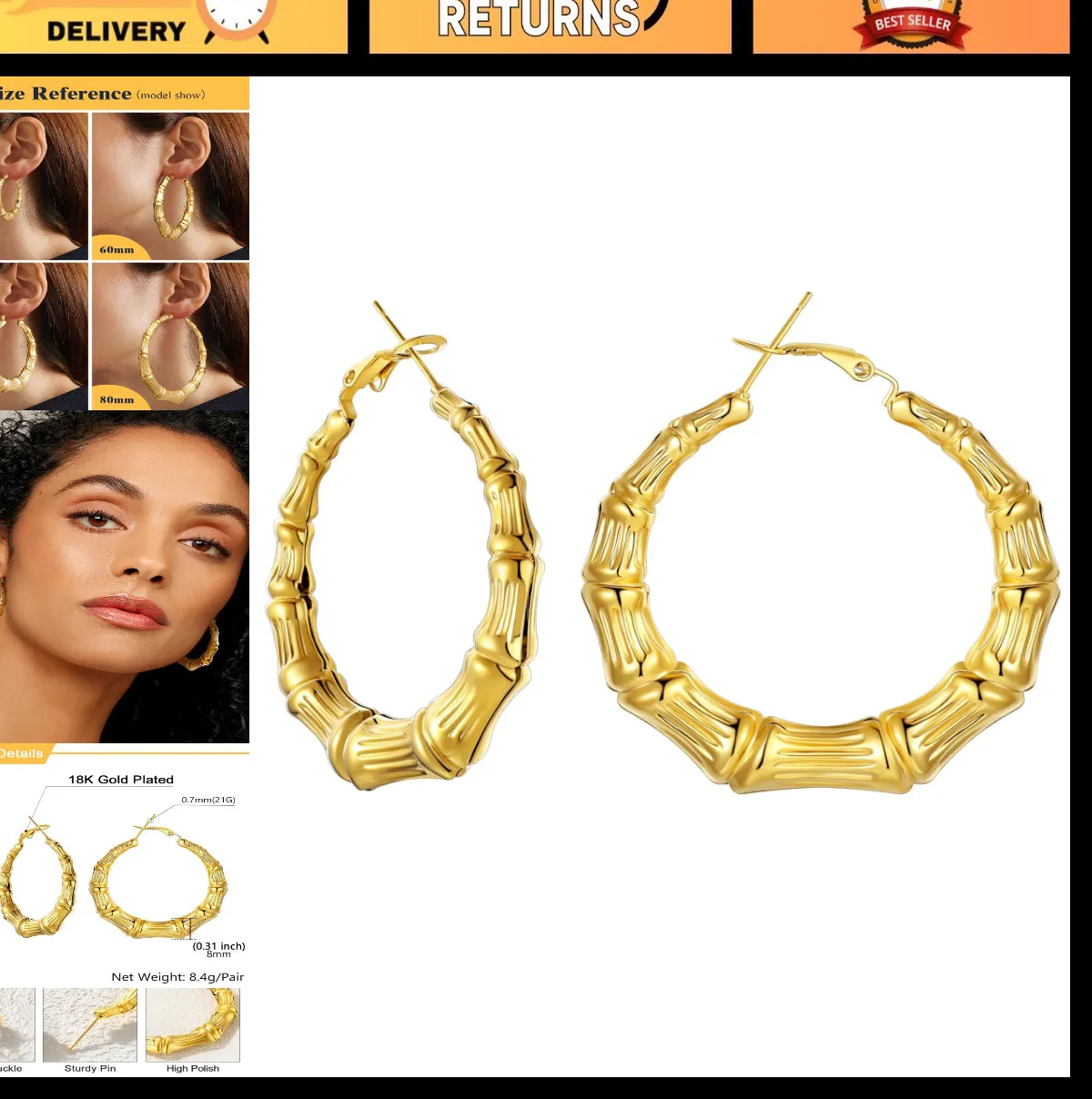 Authentic Extra Large Personalized Bamboo Hoop Earrings - 18K Gold Plated, Custom Name, 80