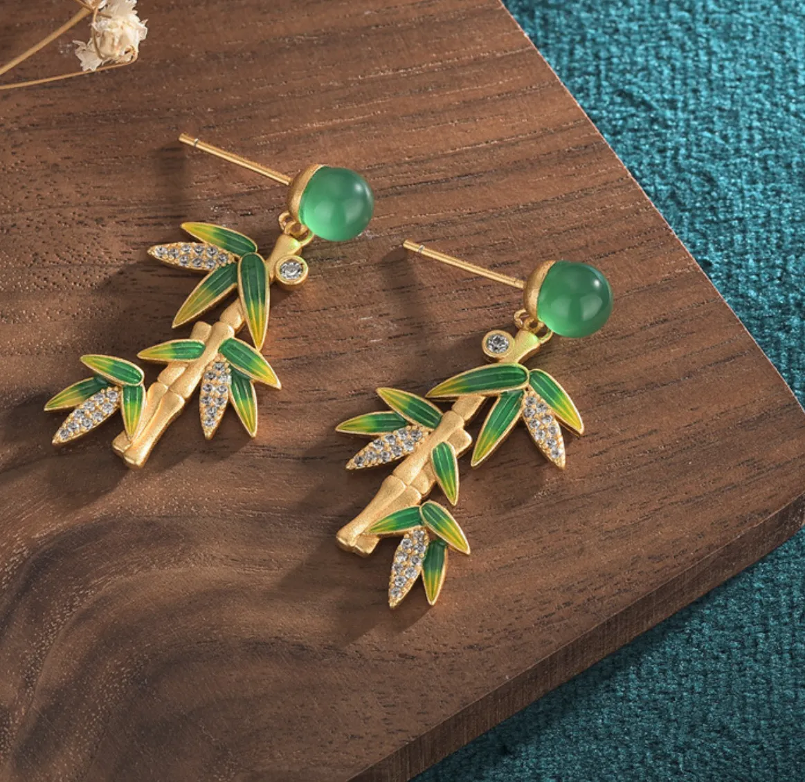 Authentic Verdant Bamboo Leaf Jade Talisman Drop Earrings in 18K Gold Plating