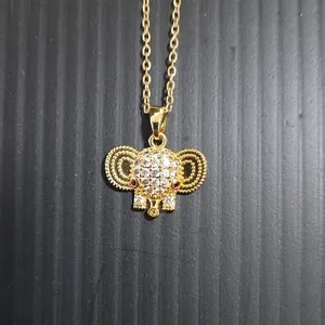 Authentic Gold Tone Yellow Gold Plated Elephant Charm Pendant Necklace Clear CZ Cable