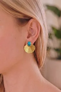 Authentic 18K Gold Plated Stainless Steel Turquoise Scallop Shell Stud Earrings 0.89"