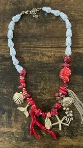 Authentic Stunning Gold Plated Red Enamel Faux Pearl Beach Sealife Necklace Ceramic Shell
