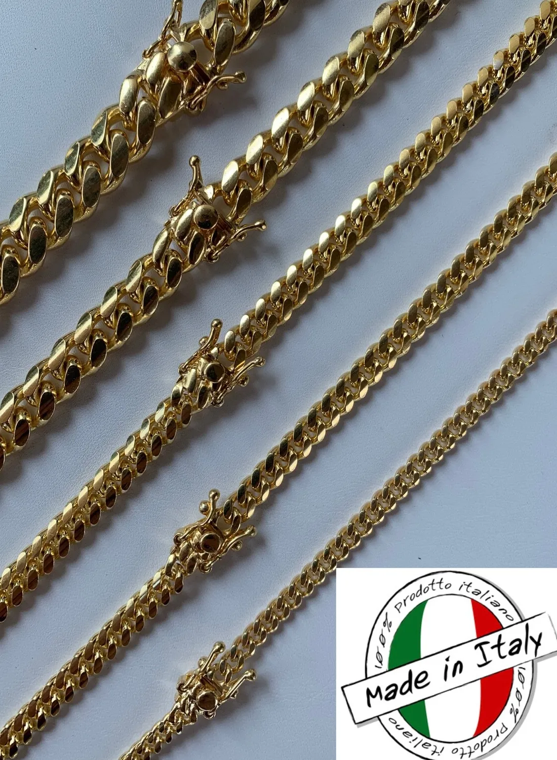 Authentic Miami Cuban Link Chain Bracelet 14k Gold Plated Solid 925 Silver Box Lock ITALY
