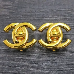 Authentic CHANEL Gold Plated CC Logos Turn Lock Vintage Clip Earrings #1392c Rise-on