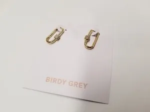 Authentic Birdy Grey 14k Gold Plated CZ Pavé Carabiner Lock Rectangle Hoop Earrings