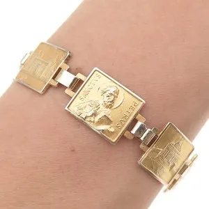 Authentic 800 Silver Gold Plated Vintage Italy Saints Landmarks Bracelet 7" (missing lock)