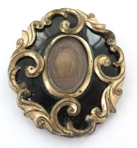 Authentic 1800s Estate Gold Plated Mourning Brooch with Lock of Hair.