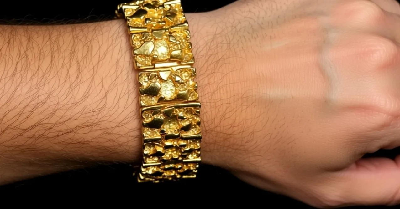 Authentic 1970/80 Size 8" Gold Plated Hefty Gold Nugget Bracelet Hidden Push Lock