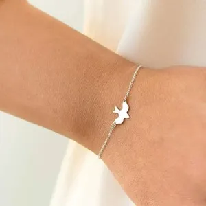 Authentic Simple Boho Peace Dove Handmade Birds Bracelet 925 Silver 14k White Gold Plated