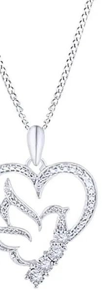 Authentic White Natural Diamond Heart with Dove Pendant Necklace In 925 Sterling Silver
