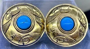 Authentic VINTAGE GOLD PLATED TURQUOISE STATEMENT EARRINGS LAUREL BURCH SIGNED BIRD DOVE