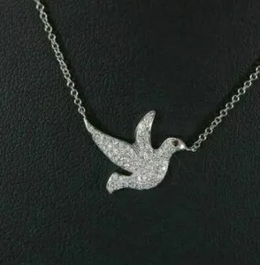 Authentic 1Ct Round Cut Lab Created Diamond Dove Pendant Necklace 14k White Gold Plated