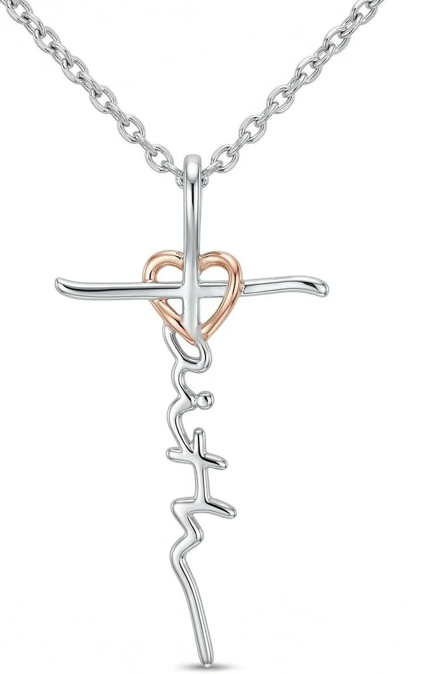 Authentic Cross Necklace for Women Rose Gold Plated Silver Dove/Breast Cancer Survivor/Fai