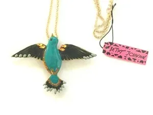 Authentic BETSEY JOHNSON BLUE ENAMEL CRYSTAL PEACE DOVE GOLD PLATED PIN CHAIN NECKLACE