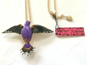 Authentic BETSEY JOHNSON ENAMEL CRYSTAL PEACE DOVE GOLD PLATED PENDANT PIN NECKLACE