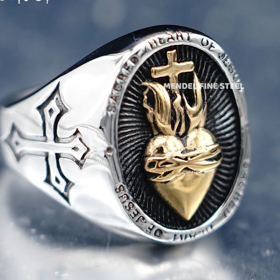 Authentic MENDEL Gold Plated Mens Catholic Sacred Heart Of Jesus Cross Ring Size 7 8 9-15