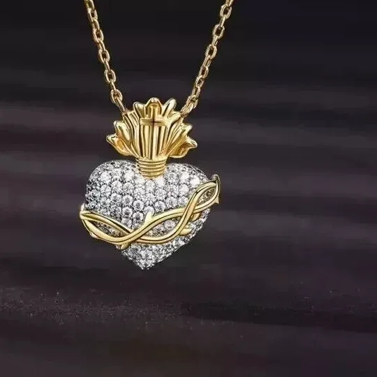 Authentic 2Ct Round Cut Real Moissanite Sacred Heart Pendant Chain 14K Yellow Gold Plated
