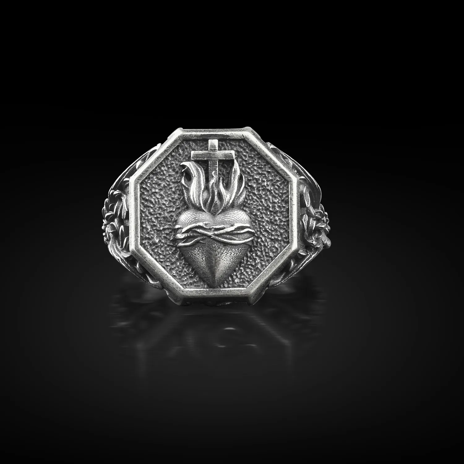 Authentic Sacred Heart Devotional Signet Ring - Divine Love and Eternal Grace Sterling Silver Talisman