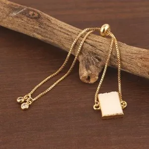 Authentic Trend Wear Natural Sugar Druzy CZ Quartz Gold Plated Slider Lock Chain Bracelet