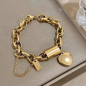 Authentic Gold Plated Heart Lock Chain Bracelet Chunky Stainless Steel Link Jewelry Womens
